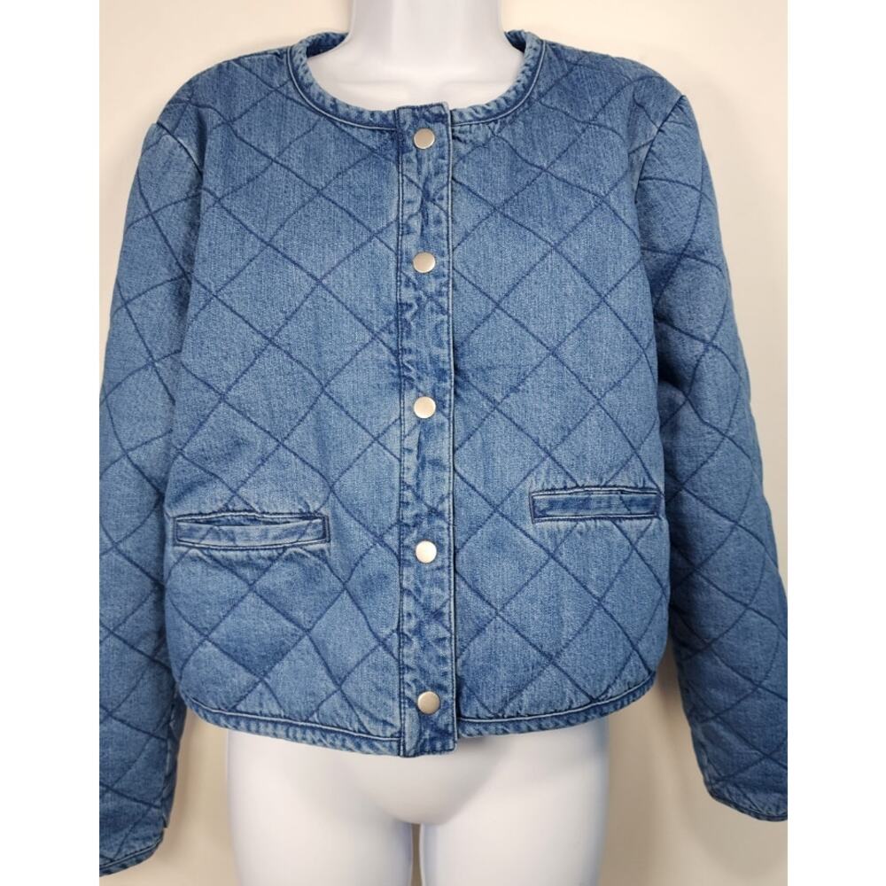 Rachel Zoe Women's Quilted Denim Jacket L Blue Cropped Snap Front Chic